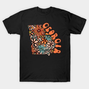 Georgia State Design | Artist Designed Illustration Featuring Georgia State Outline Filled With Retro Flowers with Retro Hand-Lettering T-Shirt